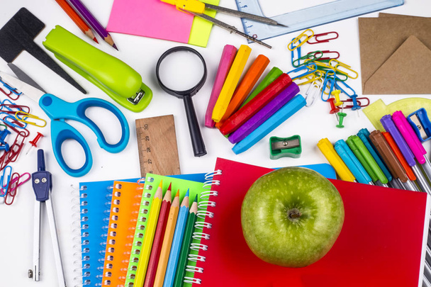 School equipment, stationery on the white background - Photo, Image