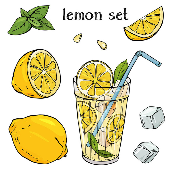 Cool lemonade in a glass Cup with ice and mint. Set with lemons on white background. - ベクター画像