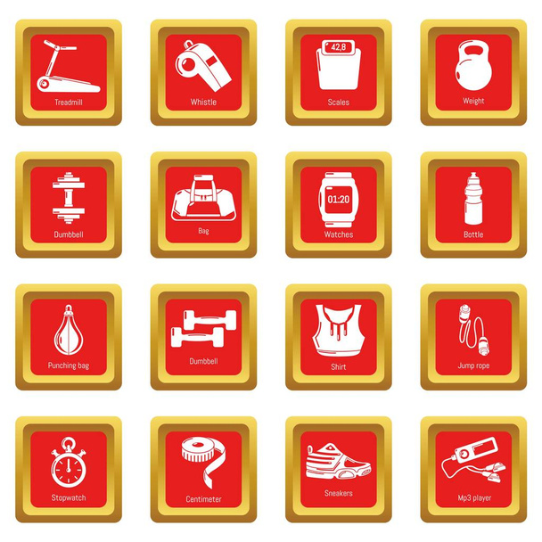 Gym sport icons set red square vector - Vector, Imagen