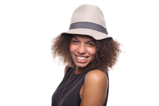 Portrait of a beautiful happy afro woman - 写真・画像