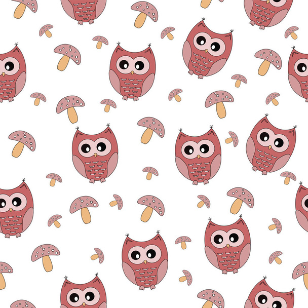 beautiful children's pattern with an owl and mushrooms  - Vector, Image