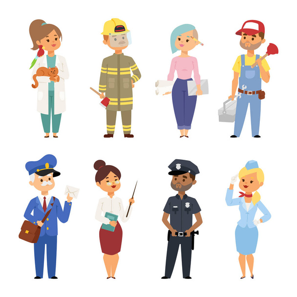 People different professions vector illustration. Success teamwork diversity human work lifestyle. Standing successful young professions person character in uniform - Vector, Image