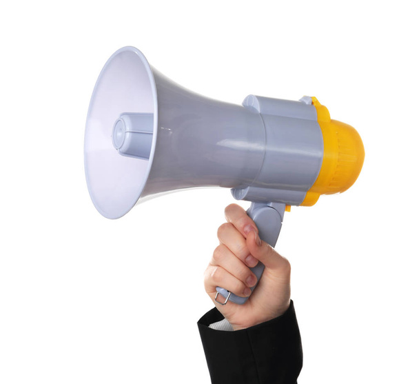 Woman holding megaphone on white background - Foto, afbeelding