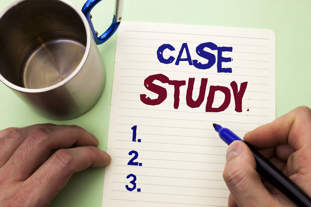 Writing note showing  Case Study. Business photo showcasing Research Information Analysis Observe Learn Discuss Criteria written by Man on Notebook Paper Holding Marker on plain background Cup. - Photo, Image