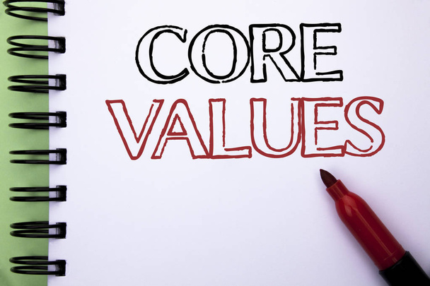 Handwriting text Core Values. Concept meaning Principles Ethics Conceptual Accountability Code Components written on Notebook Book on the plain background Marker next to it. - Photo, Image