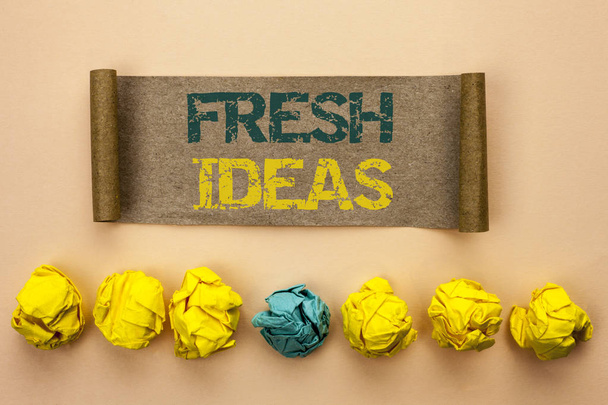 Schreibnotiz mit frischen Ideen. Business-Foto präsentiert kreative Vision Denken Phantasie Konzept Strategie auf Papppapier auf dem schlichten Hintergrund zerknüllte Papierkugeln geschrieben - Foto, Bild