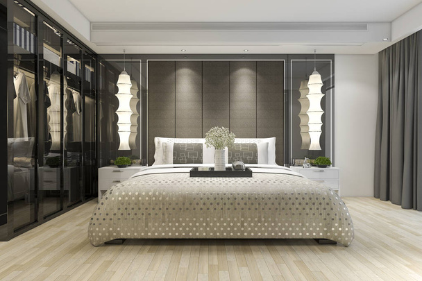 3d renderizado de lujo moderno dormitorio suite tv con armario y walk in closet - Foto, Imagen