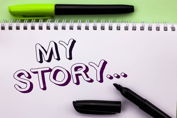 Conceptual hand writing showing My Story.... Business photo showcasing Biography Achievement Personal History Profile Portfolio written on Notebook Book on the Plain background Marker Pen - Photo, Image