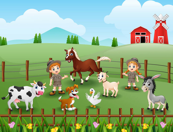 Vector illustration of Zookeepers are keeping animals in farm - Vector, Image