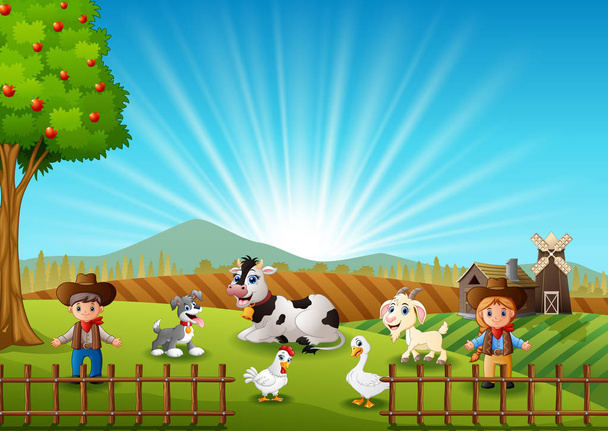 Векторная иллюстрация ковбоя и ковбойши на ферме с животными по утрам
 - Вектор,изображение