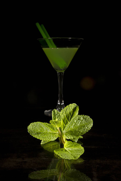 Green mint branch and cocktail - Foto, afbeelding