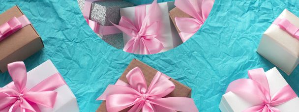 Banner Decorative festive background with gift boxes. - Foto, imagen