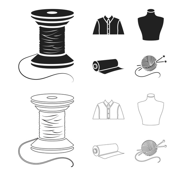 Ένα μανεκέν, ένα ρολό υφάσματος, ένας άνδρας πουκάμισο, μια μπάλα από κλωστές και βελόνες πλεξίματος. Ατελιέ στεγάζεται συλλογή εικονιδίων σε μαύρο, περίγραμμα στυλ διάνυσμα σύμβολο απόθεμα ενδεικτικά web. - Διάνυσμα, εικόνα