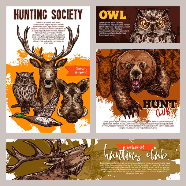 Знамя охотничьего клуба с оленями, утками, медведями и кабанами
 - Вектор,изображение