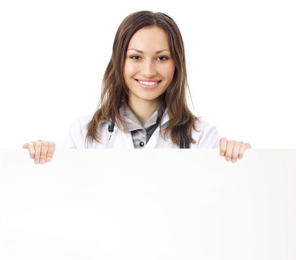 Happy doctor showing signboard, over white - Фото, изображение