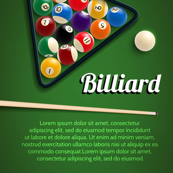 Biliard 3d plakát zelený stůl, míče a startovací - Vektor, obrázek