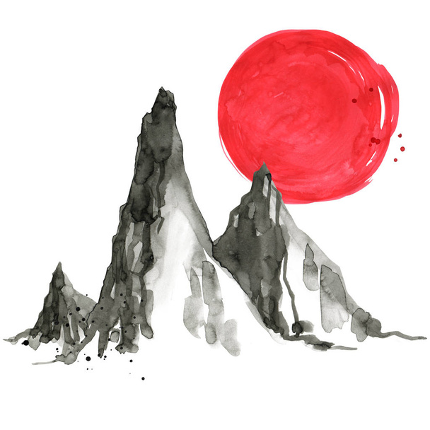 Montañas de estilo japonés. Acuarela pintura a mano ilustración
 - Foto, imagen