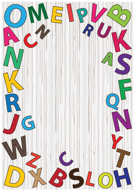 Zestaw jasnych wektor litery alfabetu na podłoże drewniane tekstury. Rainbow Płaska konstrukcja alfabet litery kolekcji. Alfabety ramki z miejscem na Twój tekst. - Wektor, obraz