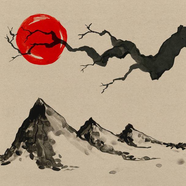 Mountains in Japanese style. Watercolor hand painting illustration - Photo, Image