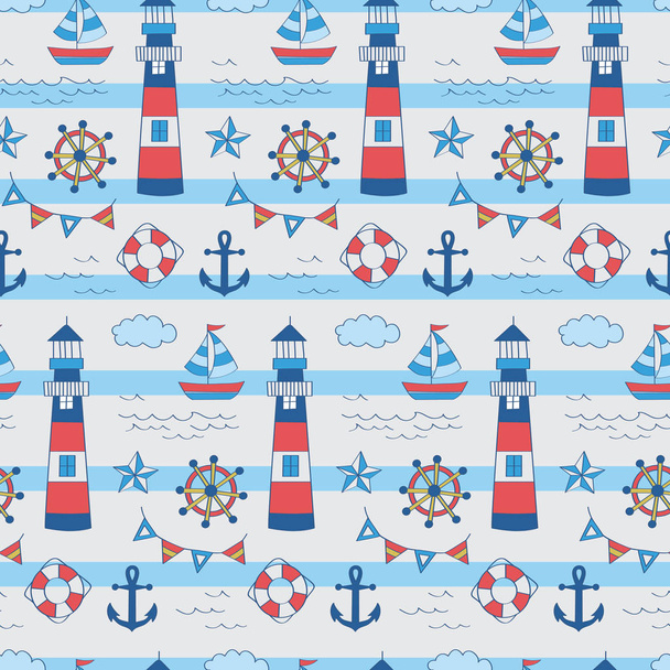 Horizontal stripe with lighthouse, flag, anchor, boat, float. A playful, modern, and flexible pattern for brand who has cute and fun style. Repeated pattern. Happy, bright, and nautical mood.  - Vektör, Görsel