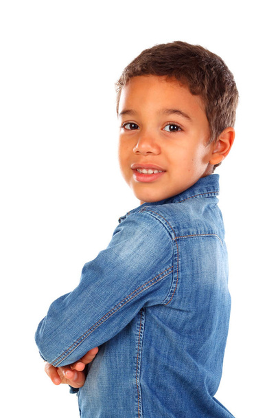 смішні хлопчик африканських в джинсових сорочка ізольовані на білому тлі - Фото, зображення