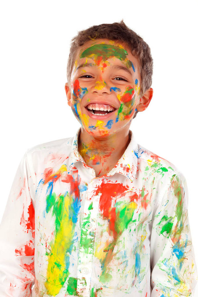 funny African boy with face covered with paint isolated on white background - Photo, Image