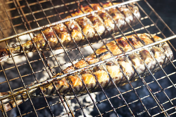 Two mackerels are cooking on the grill. Summer barbecue in nature. Family rest and healthy eating - Photo, Image