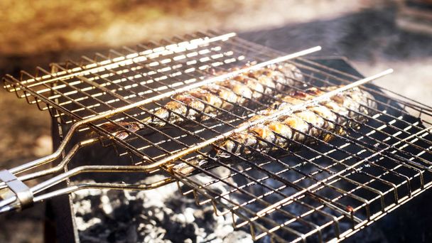 Two mackerels are cooking on the grill. Summer barbecue in nature. Family rest and healthy eating - Photo, Image