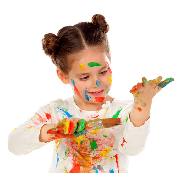 funny girl with messy face holding paint brush  isolated on white background - Φωτογραφία, εικόνα