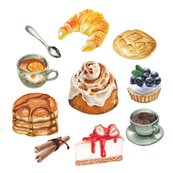  Watercolor tea and bakery set  - Valokuva, kuva