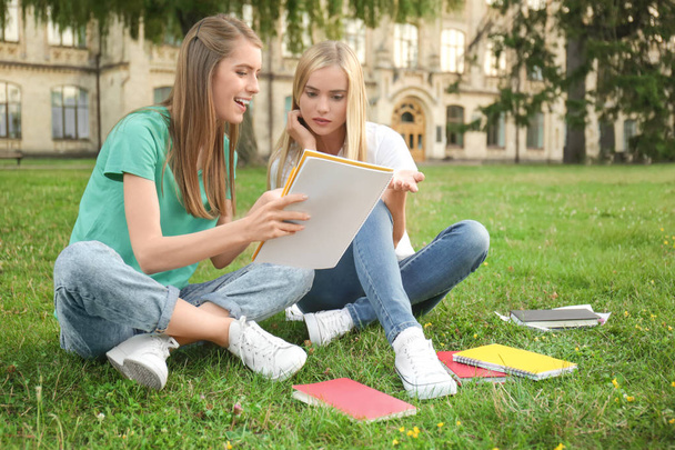 young female students sitting in park - Photo, image