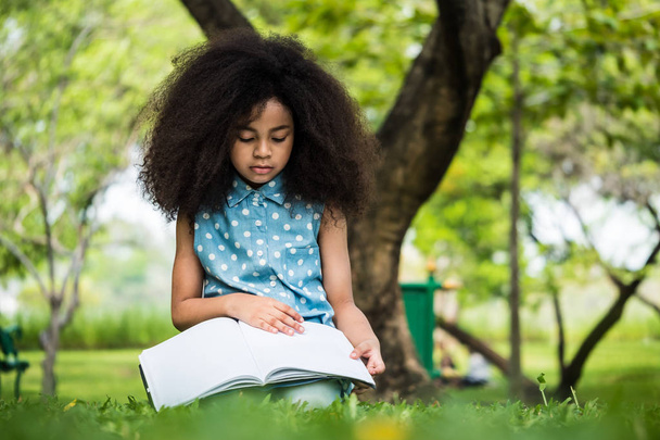 Όμορφο κορίτσι διαβάζοντας ένα βιβλίο ενώ κάθονται στο καταπράσινο γρασίδι σε ένα πάρκο. - Φωτογραφία, εικόνα