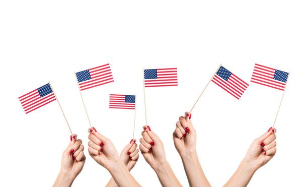 Usa national flags in hands - Foto, Imagem