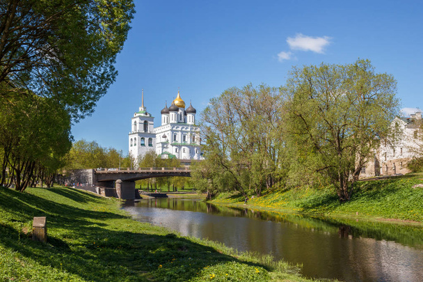 River Pskov, bridge, Trinity Cathedral in Pskov - Photo, Image