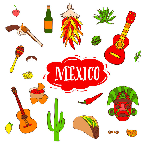 Απομονωμένα πολύχρωμα μοντέρνα στοιχεία σχετικά με το Μεξικό. Χέρι συλλογή εορτασμού Cinco de Mayo. Vector εικονογράφηση και σχεδιασμός. - Διάνυσμα, εικόνα