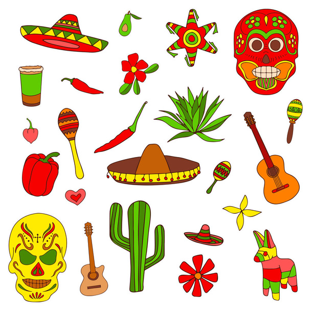 Isolated colorful stylish elements about Mexico. Hand drawn collection for Cinco de Mayo celebration. Vector illustration and design. - Vetor, Imagem