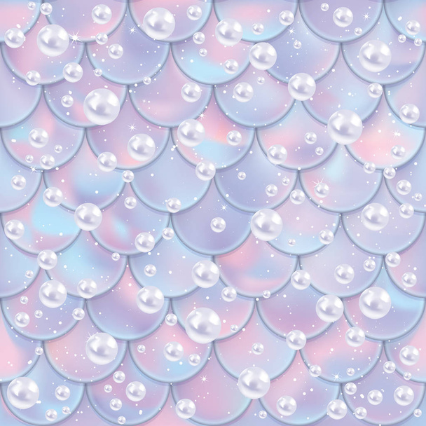 Fish scales and pearls seamless pattern. Mermaid tail texture. Vector illustration - Vettoriali, immagini