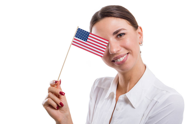 Menina com bandeira dos EUA
 - Foto, Imagem