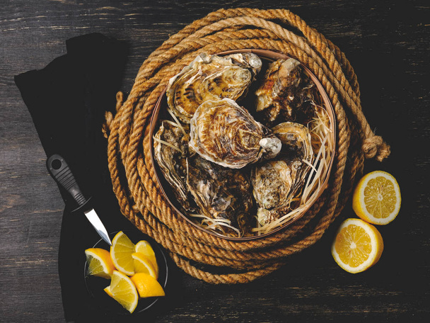 fresh oysters in bowl and lemon slices in spoon on black wooden table with rope, top view - Fotoğraf, Görsel