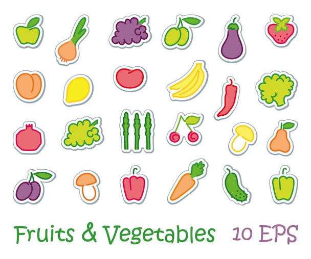 Stickers with images of stylized fruit and vegetables - Vector, Image