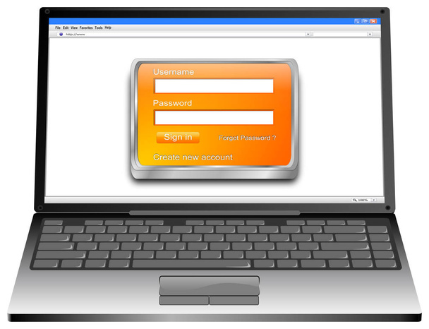 Komputer przenośny z pomarańczowy ekran logowania na biały ilustracja - 3d - Zdjęcie, obraz