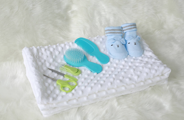 Children's bath products and hygiene items closeup - Photo, image