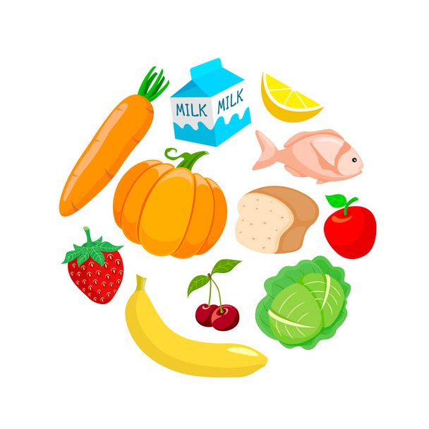 Lebensmittel in Kreisform. Konzept für gesunde Ernährung. Ernährung fürs Leben. Illustration isoliert auf weißem Hintergrund. - Vektor, Bild