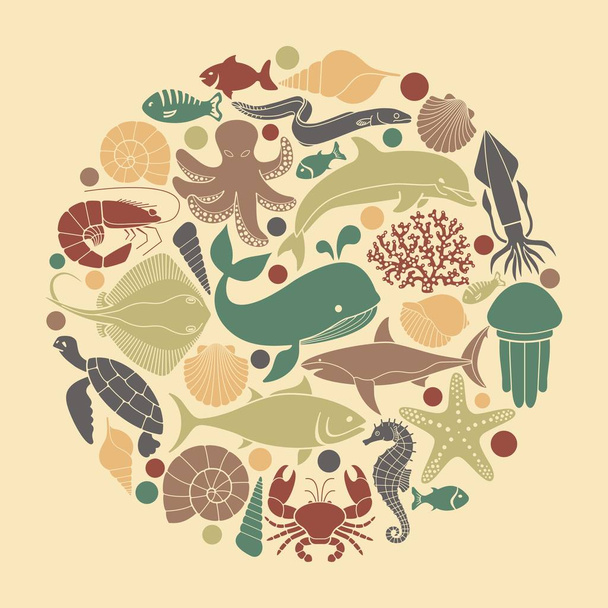 Marine life icons in the form of a circle - Vector, Image