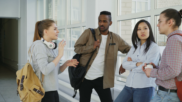 Joven hermosa estudiante caucásica está de pie frente a sus tres compañeros de grupo multiétnicos discutiendo algo juntos de manera positiva cerca de la ventana
 - Imágenes, Vídeo