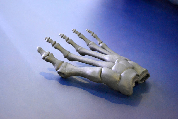 Protótipo cinzento do esqueleto do pé humano impresso na impressora 3d na superfície escura. - Foto, Imagem