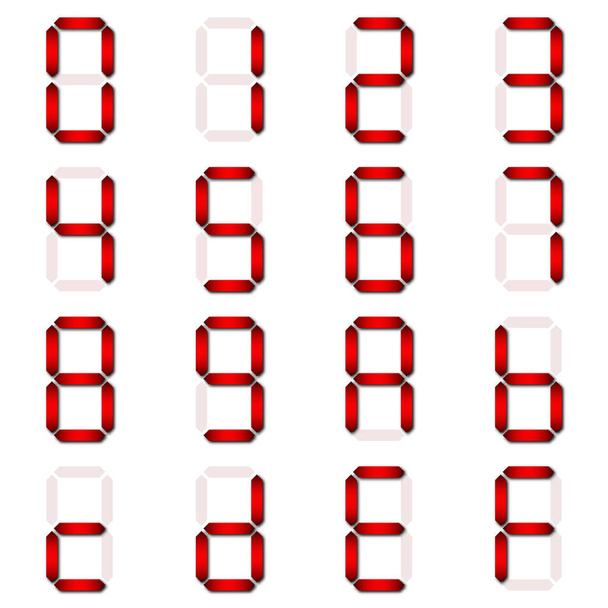 roter digitaler Zahlensatz von sieben Segmenttypen auf isoliertem weißem Hintergrund für Grafiktidee Design Papierschnittkonzept - Vektor, Bild