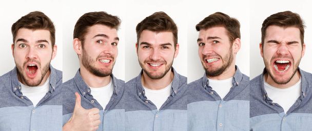 Satz junger Mann unterschiedliche Emotionen im weißen Studiohintergrund - Foto, Bild