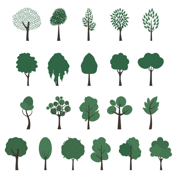 Iconos de árboles. Conjunto vectorial de árboles de diferentes formas sobre fondo blanco. Follaje verde y troncos marrones
. - Vector, imagen