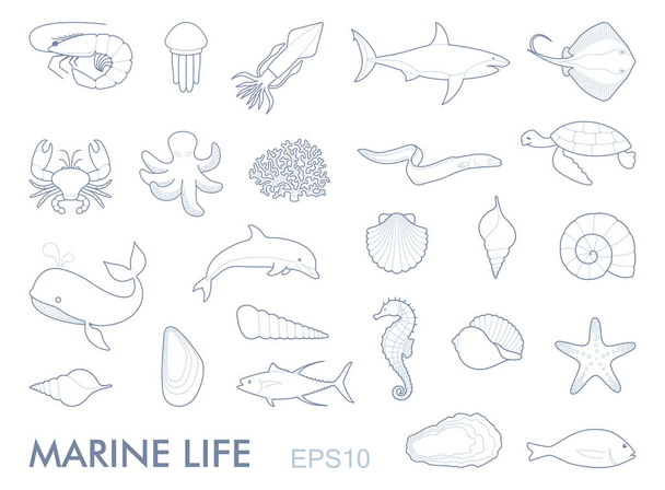 Życie morskie konturu ikony - Wektor, obraz